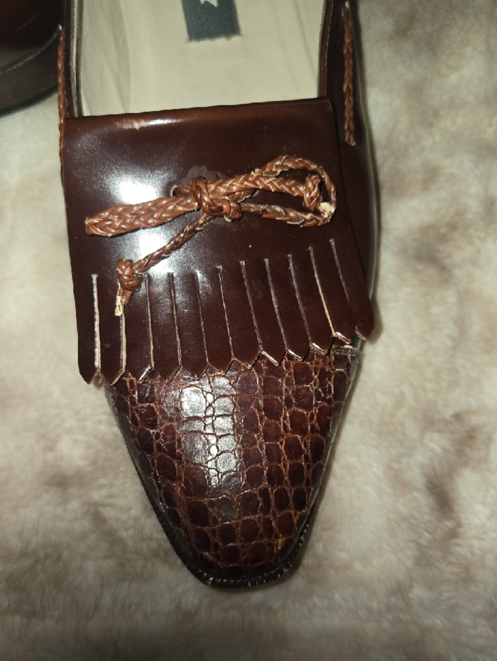 Bally Brown Leather Loafers Snakeskin Embossed Toe Tassel Fringe Flats - Picture 5 of 11